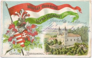 Máriaradna, Radna; Máriát dicsérni hívek jöjjetek!. Josef Csauser magyar zászlós és címeres litho képeslapja / Hungarian flag and coat of arms, litho (Rb)