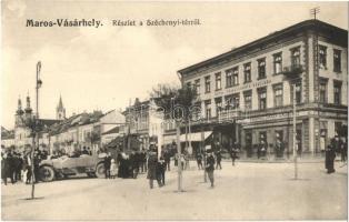 Marosvásárhely, Targu Mures; Széchenyi tér, Transilvania szálloda, Csiky Miklós üzlete, automobil. Révész Béla kiadása / square, hotel, shops, automobile (ragasztónyom / gluemark)