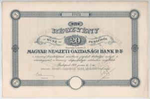 Budapest 1928. Magyar Nemzeti Gazdasági Bank Rt. részvénye 20P-ről, szárazpecséttel, szelvényekkel T:II