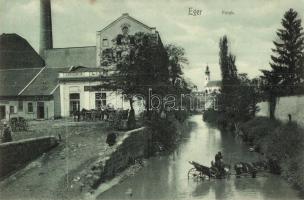 Eger, lovasszekér a patakban, Gőzmalom, Fischer Lipót üzlete