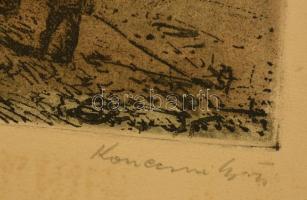 Konecsni György (1908-1970): Október. Színezett rézkarc, papír, jelzett, 29×38 cm