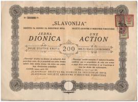 Horvátország / Zágráb 1921. &quot;Slavonija&quot; Faipari Társaság részvénye 200K-ról szelvényekkel, osztrák illetékbélyeggel T:III ly. Croatia / Zagreb 1921. &quot;Slavonija&quot; forest industry company&#039;s share about 200 Kruna with coupons, with Austrian stamps C:F hole