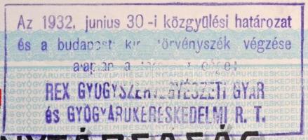 Debrecen 1926. "Gyógyárú Kereskedelmi Részvénytársaság" száz darab részvénye egyben 100.00...