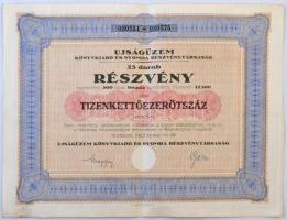 Budapest 1923. "Újságüzem Könyvkiadó és Nyomda Részvénytársaság" huszonöt részvénye egyben összesen 12.500K-ról, szárazpecséttel, szelvényekkel T:II / Hungary / Budapest 1923. "Újságüzem Könyvkiadó és Nyomda Részvénytársaság (Newspaper and Book Publishing and Printing Company)" twenty-five shares in one about 12.500 Korona, with embossed stamp and coupons C:XF