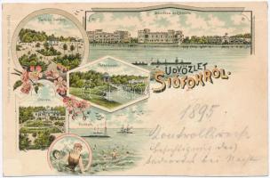 1895 (Vorläufer!) Siófok, szálloda és étterem, park és sétány, fürdőzők. Freund Mór kiadása. floral, Art Nouveau litho (vágott / cut)