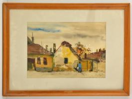 Szalóky Sándor (1921-1978): Falusi utca részlet. Akvarell, papír, jelzett, üvegezett keretben, 33×46 cm