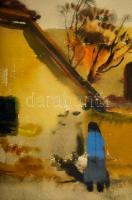 Szalóky Sándor (1921-1978): Falusi utca részlet. Akvarell, papír, jelzett, üvegezett keretben, 33×46...