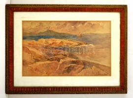 Benczúr Béla (1854-1941): Sziklás tengerpart. Akvarell, papír, jelzett, üvegezett kertben, 27×45 cm