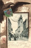 Pécs, Püspöki Lyceum, utcakép, címeres litho lap. Domján I. kiadása (Rb)