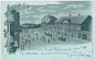 Nagykanizsa, Fő utca, Milhofer Ödön, Pollak és Irmler József üzlete. Schless Antal kiadása. Art Nouveau ezüstös litho. Pick Testvérek