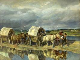 Udvary Pál (1900-1987): Lovasszekerek vihar után. Olaj, vászon, jelzett, üvegezett keretben, 60×80 cm