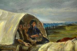 Udvary Pál (1900-1987): Lovasszekerek vihar után. Olaj, vászon, jelzett, üvegezett keretben, 60×80 c...