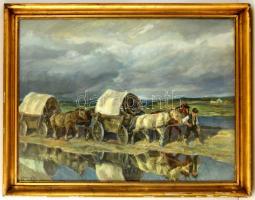 Udvary Pál (1900-1987): Lovasszekerek vihar után. Olaj, vászon, jelzett, üvegezett keretben, 60×80 c...