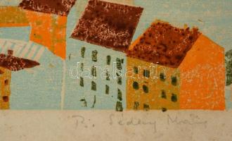 B. Séday Mária (1925-): Budapesti látkép. Linó, papír, jelzett, 21×26,5 cm