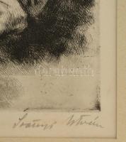 Szőnyi István (1894-1960): Duna mellett. Rézkarc, papír, jelzett, üvegezett fa keretben, 24×23 cm