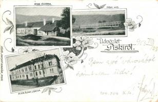 Piski, Simeria; Csárda, híd, állami iskola. Főző József kiadása / restaurant, bridge, school, floral, Art Nouveau (EB)