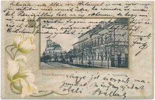 Nagykároly, Carei; Gimnázium, dombornyomott litho művészlap. Eigner Simon kiadása / Gymnasium / grammar school, floral, Art Nouveau, Emb. litho (r)