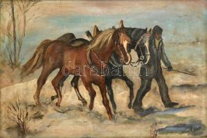 Nagy jelzéssel: Lovakat vezető férfi. Olaj, karton (piszkos), keretben, 34×52 cm