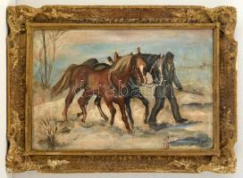 Nagy jelzéssel: Lovakat vezető férfi. Olaj, karton (piszkos), keretben, 34×52 cm