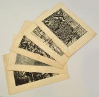 5 db kommunista témájú rézkarc különböző művészektől: Váci András (1928- ), Veszprémi Endre (1925- ), stb., rézkarc, papír, jelzettek, 20×29 cm