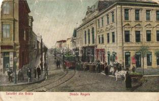 Braila, Strada Regala / street view with tram, shops (fa)