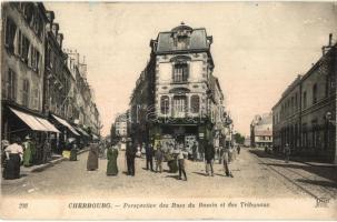 Cherbourg, Perspective des Rues du Bassin et des Tribunaux, Depot de Tous les Journaux du Soir / street view with court, shops (small tear)
