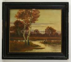 Spányi jelzéssel: Gólyák a lápon. Olaj, vászon, antik keretben, 50×60 cm