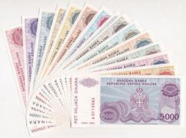 Horvátország/Krajna Szerb Köztársaság 1993. 5000D + 50.000D + 100.000D + 500.000D + 5.000.000D + 100.000.000D + 500.000.000D + 5.000.000.000D + 10.000.000.000D + 50.000.000.000D + 1994. 1000D + 10.000D + 500.000D + 1.000.000D + 10.000.000D T:I Croatia/Republic of Serbian Krajina 1993. 5000 Dinara + 50.000 Dinara + 100.000 Dinara + 500.000 Dinara + 5.000.000 Dinara + 100.000.000 Dinara + 500.000.000 Dinara + 5.000.000.000 Dinara + 10.000.000.000 Dinara + 50.000.000.000 Dinara + 1994. 1000 Dinara + 10.000 Dinara + 500.000 Dinara + 1.000.000 Dinara + 10.000.000 Dinara C:UNC Krause R20.a, R21.a, R22.a, R23.a, R24.a, R25.a, R26.a, R27.a, R28.a, R29.a, R30.a, R31.a, R32.a, R33.a, R34.a