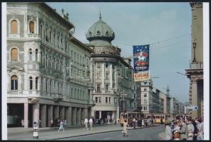 1959 Budapest, Villamosok a Blaha Lujza téren, cirkuszplakáttal, utólagos előhívás, 10x15 cm