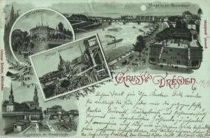 1898 Dresden, Brühlsche Terrasse, Belvedere, Helbigs Elbterrasse, Landeplatz der Dampfschiffe / hotel, quay, promenades, night, Ottmar Zieher, floral, litho (gluemark)