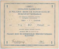 Budapest 1926. "A Polgári Bank és Kereskedelmi Részvénytársaság" ideiglenes elismervénye e...