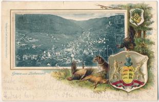Bad Liebenzell, Carl Schonwalter, Cannstatt. Hunting dogs with coat of arms, Emb. litho (small tear)