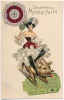 Monte Carlo, Souvenir de roulette; Gently erotic lady on pig. Artist Atelier H. Guggenheim & Co. No. 16411. Emb. litho