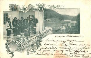 1899 Máramarossziget, Sighetu Marmatei; Makerlói vízfogó, tutajos oroszok / dam, rafters, floral Art Nouveau (Rb)