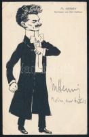 1913 Marc Henry (1873-1943) kabarészínész aláírása őt ábrázoló sokszorosított karikatúrán