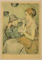 Glatz Oszkár (1872-1958): Lányok, színezett rézkarc, papír, jelzett, paszpartuban, üvegezett fa keretben, 29×21,5 cm