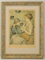 Glatz Oszkár (1872-1958): Lányok, színezett rézkarc, papír, jelzett, paszpartuban, üvegezett fa kere...