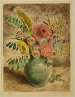 Biai-Föglein István (1905-1974): Virágok, színezett rézkarc, papír, jelzett, paszpartuban, üvegezett fa keretben, 38×29 cm