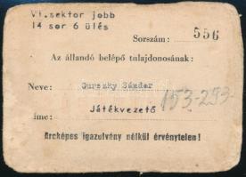 1957 A Népstadion és Intézményei által kiadott állandó belépő labdarúgó sportrendezvényekre