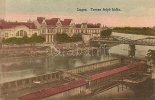 Lugos, Lugoj; Temes folyó a híddal, Délmagyarországi Bank / riverside, bridge, bank (EK)
