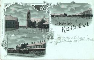 Kiscell, Celldömölk; vasútállomás, templom, főtér, kiadják a Pick Testvérek; Art Nouveau, silver decorated litho