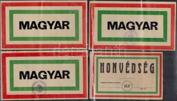 cca 1940 3 db "Magyar" feliratú. nemzetiszín matrica az erdélyi bevonulás idejéből, rajta katonai hatóságok pecsétéjével  21x11 cm + Honvédségi gépkocsi azonosító címke