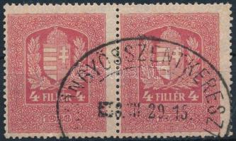 1926 4f illetékbélyeg pár GYÖNGYÖSSZENTKERESZT vasúti bélyegzéssel