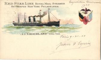 SS Vaderland. Red Star Line Royal Mail Steamer, Antwerpen-New York-Philadelphia, national flags, litho (EK)