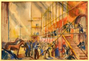 Szőnyi István (1894-1960): Freskó részlet. Akvarell, papír, jelzés nélkül, üvegezett keretben, 29,5×44,5 cm