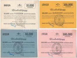 Budapest 1946. Pesti Hazai Első Takarékpénztár-Egyesület részbetét jegye (4x) 10.000AP, 50.000AP, 100.000AP és 500.000AP címletekben, mindegyik pecsételve a Takarékpénztár bélyegzőjével és kézi aláírással T:II