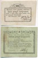 Rozsnyó 1849. 3kr Rozsnyó város pénztári utalványa + Rozsnyó 1849. 20kr Rozsnyó város pénztári utalványa T:III fo., szép papír Adamo ROZ-1.2, ROZ-2.1