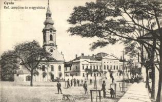 Gyula, Református templom és megyeháza, utcakép, Leopold nyomda kiadása (EK)
