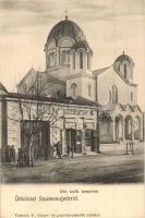 Szamosújvár, Gherla; Görög katolikus templom, Haragay Miklós szatócsboltja, Todorán E. kiadása / Greek catholic church, grocery shop