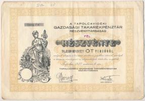 Tapolca 1927. "A Tapolcavidéki Gazdasági Takarékpénztár Részvénytársaság" fél részvénye 5P-ről, szelvényekkel és szárazpecséttel T:III,III-